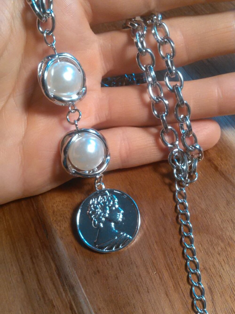 Simulated Pearl With Cameo Coin Charm Silvertone Necklace (19 to 22 Inch)